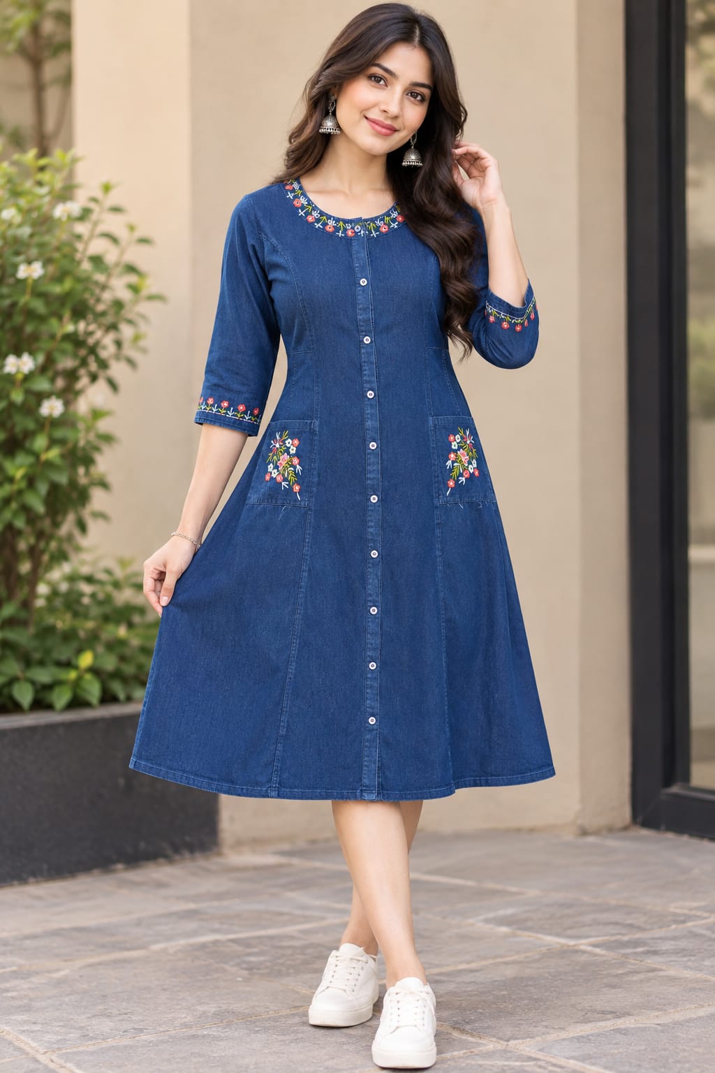 Denim Unique Embrodary Pocket Work Kurta | Denim Kurti Style for Women | A-Line Kurti for Casual & Office Wear